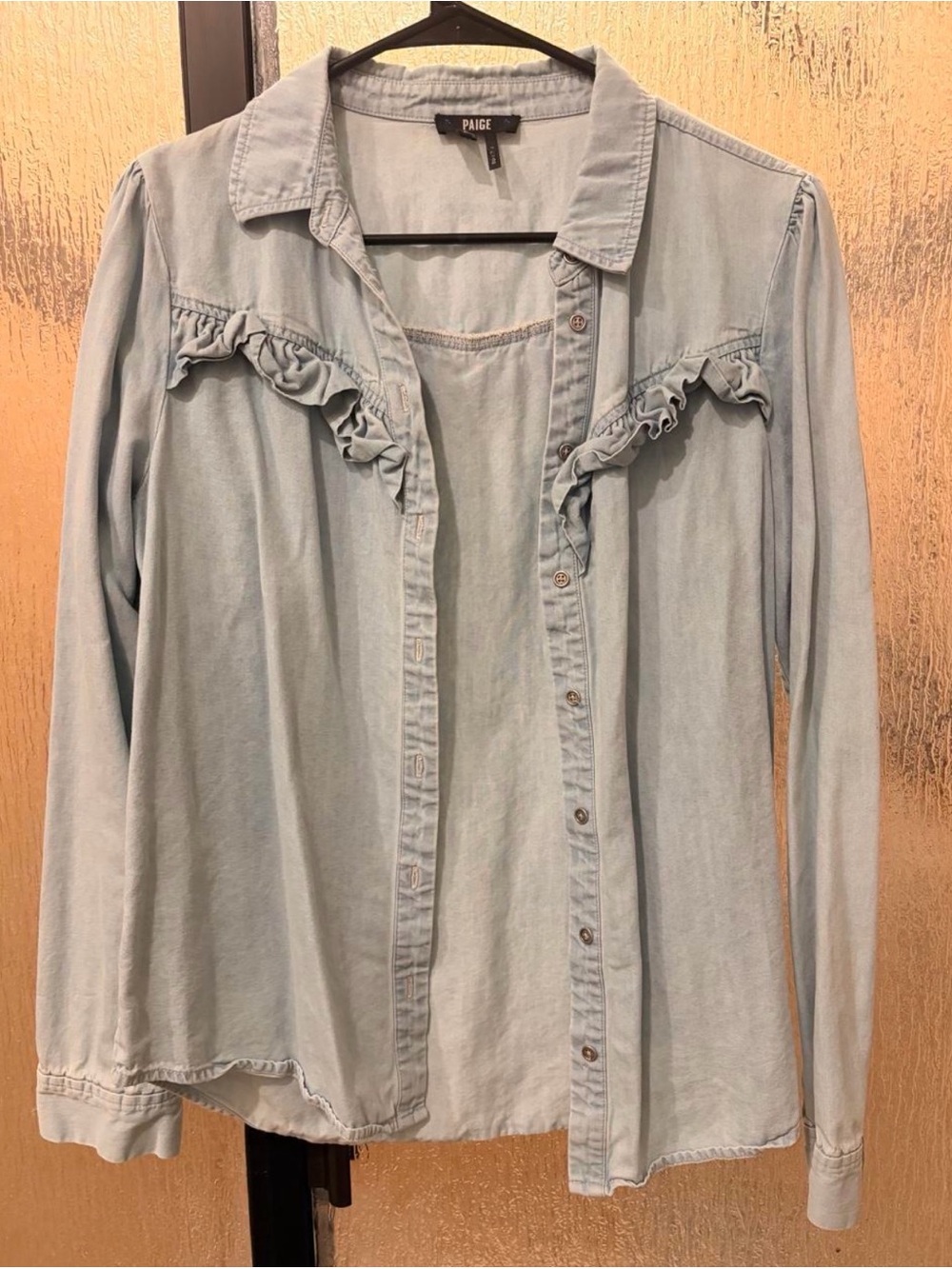 PAIGE Light Blue Denim Ruffle Button-Down Shirt